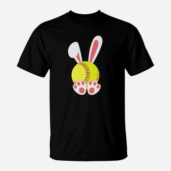Funny Softball Bunny Girls Easter Bunny Ears T-Shirt | Crazezy