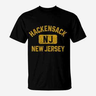 Hackensack NJ New Jersey Gym Style Distressed Amber Print T-Shirt | Crazezy