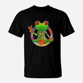 Hippie Frog Peace Sign Yoga Frogs Hippies 70s T-Shirt | Crazezy