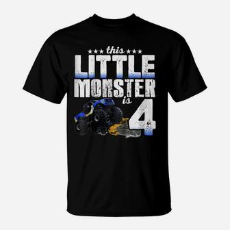 Kids 4 Years Old Little Monster Truck Shirt 4Th Birthday Gift Tee T-Shirt | Crazezy