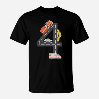 Kids 4Th Birthday Party Fire Truck Police Car Race Track T-Shirt | Crazezy