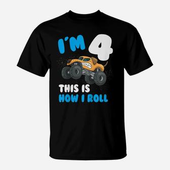 Kids Im 4 This Is How I Roll Monster Trucks 4Th Year Birthday T-Shirt | Crazezy CA