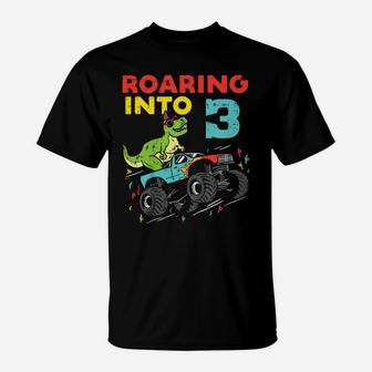 Kids Roaring 3 Trex Dinosaur Monster Truck 3Rd Birthday Boys Gift T-Shirt | Crazezy