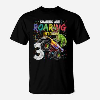 Kids Roaring Monster Truck Dinosaur 3Rd Birthday Shirt Boys Gift T-Shirt | Crazezy