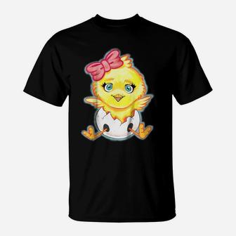 Kids Yellow Baby Chick With Pink Bow Girls T-Shirt | Crazezy