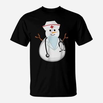 Medical Scrub Top Nurse's Hat Wearing Snowman Gift T-Shirt | Crazezy
