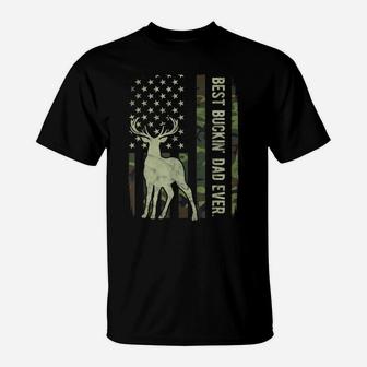 Mens Best Buckin' Dad Camouflage American Flag Deer Hunting Gift T-Shirt | Crazezy