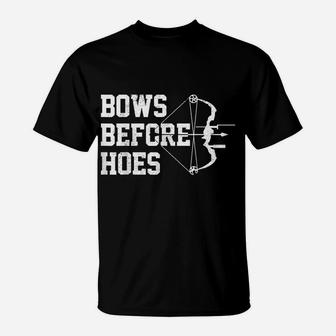 Mens Bows Before Hoes Archery Bow Hunting Funny Archer Gift T-Shirt | Crazezy