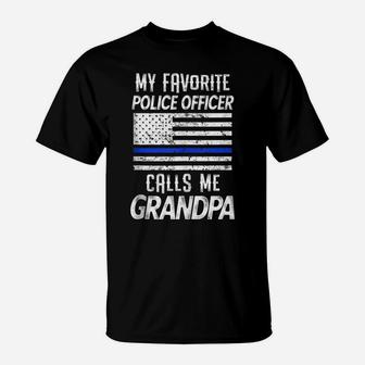 Mens Mens My Favorite Police Officer Calls Me Grandpa Thin Blue T-Shirt | Crazezy DE