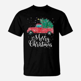 Merry Christmas Red Truck Pick Up Tree Family Pajama Gift T-Shirt | Crazezy
