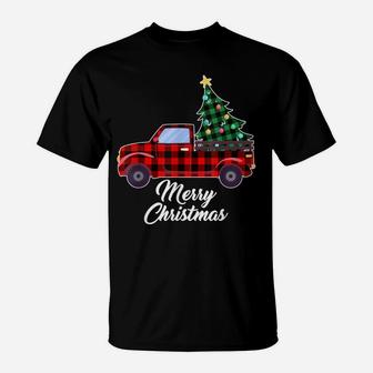 Merry Christmas Tree Buffalo Plaid Red Truck T-Shirt | Crazezy DE