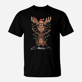 Merry Christmoose Christmas Moose Xmas Tree Lights Gift Sweatshirt T-Shirt | Crazezy