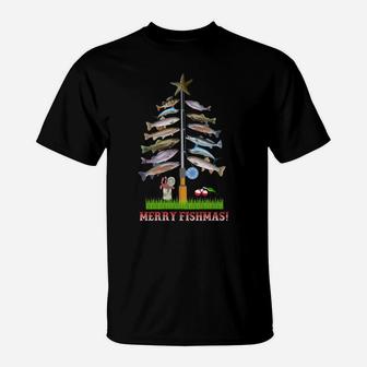 Merry Fishmas Christmas Tree Funny T-Shirt | Crazezy