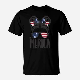 Messy Bun Merica Sunglasses Women Girls Usa Flag 4Th Of July T-Shirt | Crazezy
