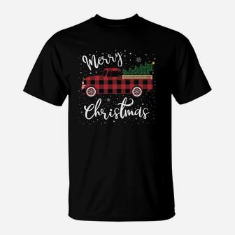 Red Truck Christmas Shirt Buffalo Plaid Merry Christmas T-Shirt | Crazezy