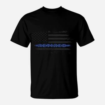 Retired Police Officer Blue Line Distressed American Flag Sweatshirt T-Shirt | Crazezy