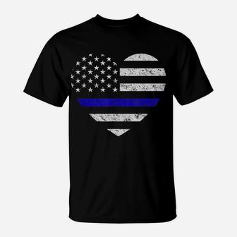 Thin Blue Line American Flag Heart Police T-Shirt | Crazezy