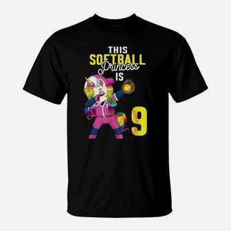 This Softball Princess Is 9Th Birthday Unicorn Dabbing Gift T-Shirt | Crazezy