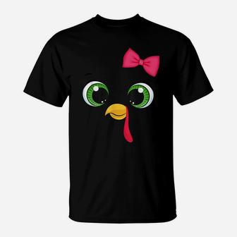 Turkey Face Girl Pink Bow | Kids Thanksgiving Gift T-Shirt | Crazezy