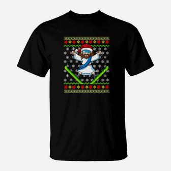 Ugly Christmas Sweater Kids Jesus Skiing Gift T-Shirt | Crazezy