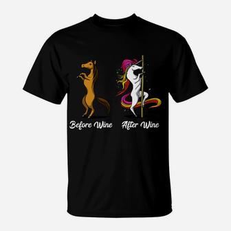 Unicorn Before And After Wine Drinking Pole Dancing Party T-Shirt | Crazezy UK