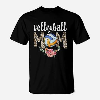Volleyball Mom Leopard Floral Mothers Day Player Son T-Shirt | Crazezy