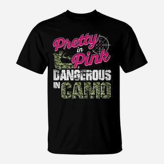 Womens Hunting Shirts For Women Dangerous In Camo Deer Hunter Gifts T-Shirt | Crazezy
