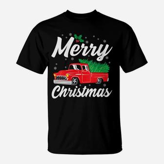 Womens Merry Christmas Tree Red Truck Funny Family Holiday Gift T-Shirt | Crazezy