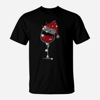 Womens Red Wine Glass Christmas Tee Funny Santa Hat Xmas Gift T-Shirt | Crazezy