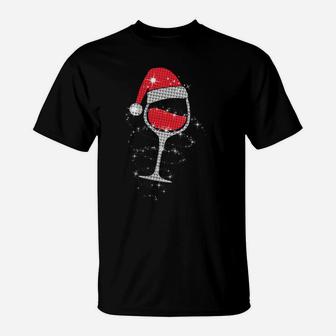 Womens Wine Glasses Santa Hat Christmas Funny Wine Lover Gifts Xmas T-Shirt | Crazezy