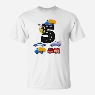 5Th Birthday Boys Fire Truck Police Car 5 Year Old T-Shirt | Crazezy