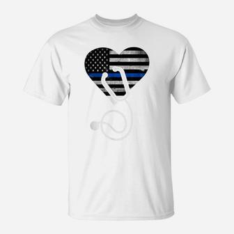 American Flag Heart With Police Thin Blue Line Nurse Rn Lvn T-Shirt | Crazezy