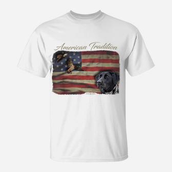 American Tradition Waterfowl Duck Hunting Dog Black Lab Flag T-Shirt | Crazezy