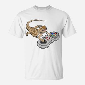 Bearded Dragon Playing Video Game Reptiles Pagona Gamers T-Shirt | Crazezy CA