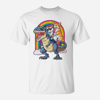 Corgi Unicorn Riding Dinosaur T Rex Gifts Boys Girls Rainbow T-Shirt | Crazezy