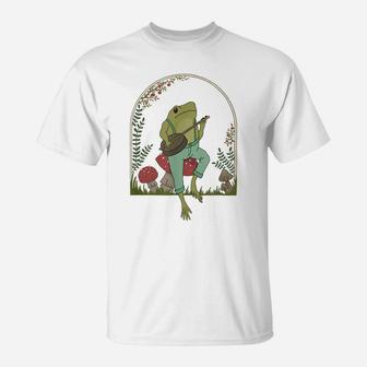 Cottagecore Aesthetic Frog Playing Banjo On Mushroom Cute T-Shirt | Crazezy