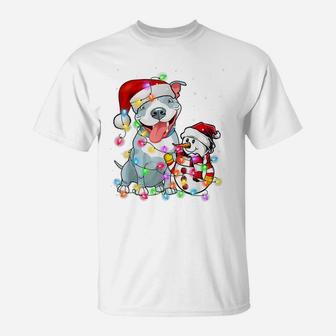 Funny Pitbull Dog Christmas Tee Snowman Xmas Lights Pajama T-Shirt | Crazezy