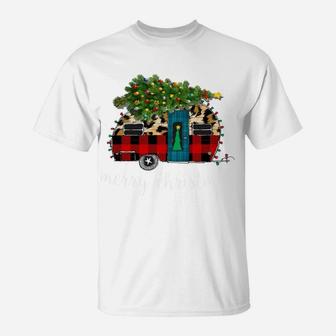Funny Truck Camping Camper Christmas Buffalo Plaid Leopard T-Shirt | Crazezy