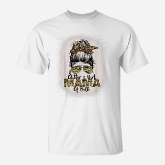 Glitter & Dirt Mama Of Both Leopard Camo Messy Bun Bleached T-Shirt | Crazezy AU