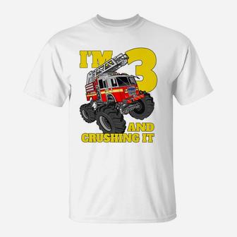 Kids Monster Fire Truck 3Rd Birthday Boy Toddler 3 Firefighter T-Shirt | Crazezy DE