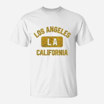 Los Angeles La California Gym Style Distressed Amber Print T-Shirt | Crazezy
