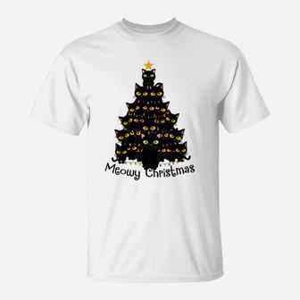 Meowy Cat Christmas Tree Shirt Men Women Tee Plus Size T-Shirt | Crazezy