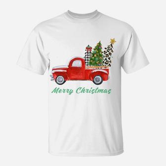 Merry Christmas Leopard Plaid Christmas Tree Shirt Red Truck T-Shirt | Crazezy DE