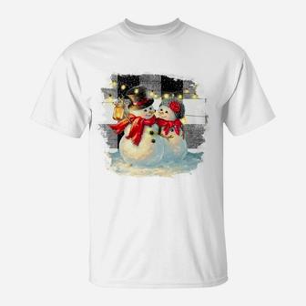 Snowman And Snowwoman Cute Couple At Christmas T-Shirt | Crazezy