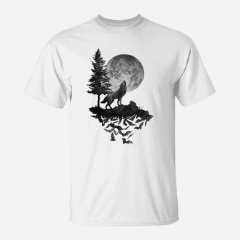 Wolf Shirt Full Moon Forest Howling Hunting Occult Gift Tees T-Shirt | Crazezy