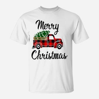 Womens Merry Christmas Pick Up Truck Country Tree Red Buffalo Plaid T-Shirt | Crazezy DE