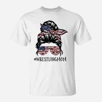 Womens Th America Flag Messy Bun Wrestling Mom Life T-Shirt | Crazezy