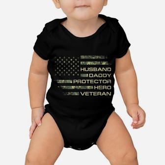 Mens Husband Daddy Protector Hero Veteran Usa Flag Camouflage Dad Baby Onesie | Crazezy