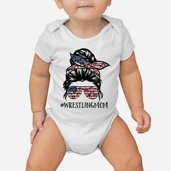 Womens Th America Flag Messy Bun Wrestling Mom Life Baby Onesie | Crazezy