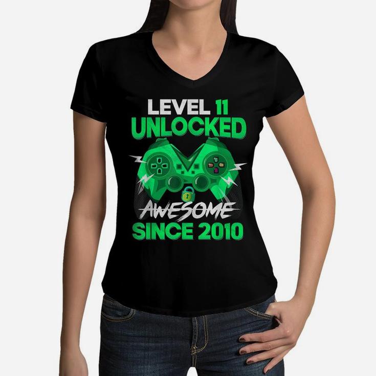 11 Yrs Old Gift Boy Level 11 Unlocked Awesome 2010 Birthday Women V-Neck T-Shirt